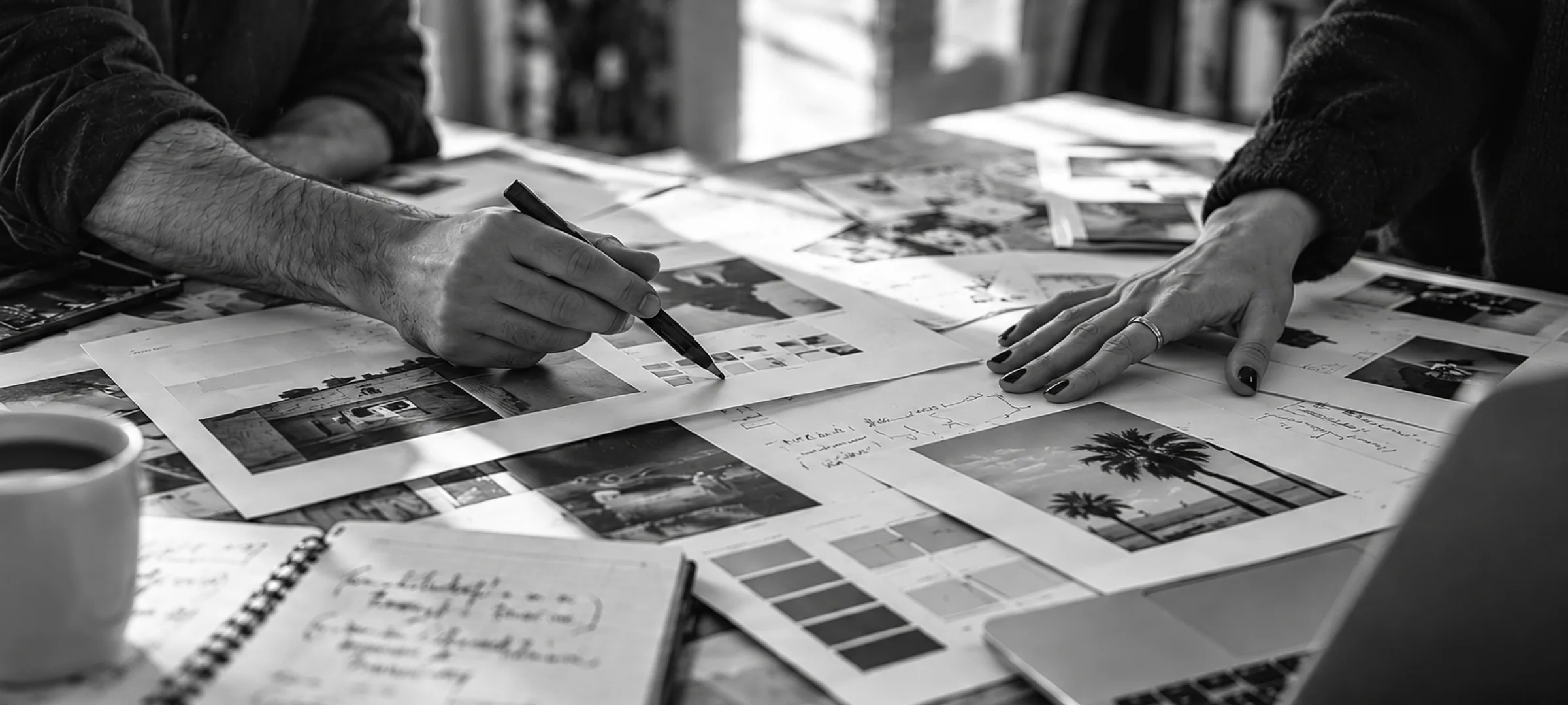 A studio desk in black and white: hands marking up prints beside a notebook and a laptop